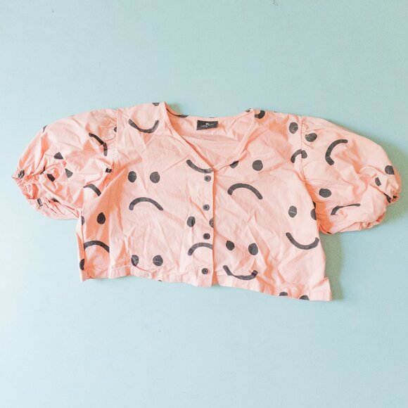 Lazy Oaf Happy Sad Pink Face Blouse - Size 18 - Picture 2 of 10
